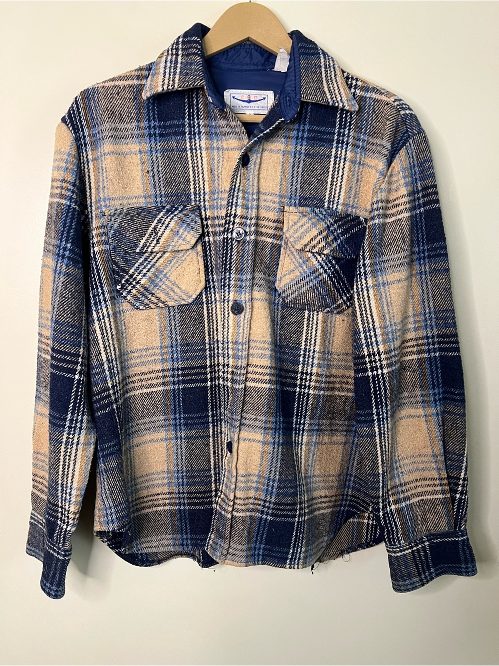Vintage CPO Navy Blue Beige Plaid Wool Flannel Shirt Jacket Size M